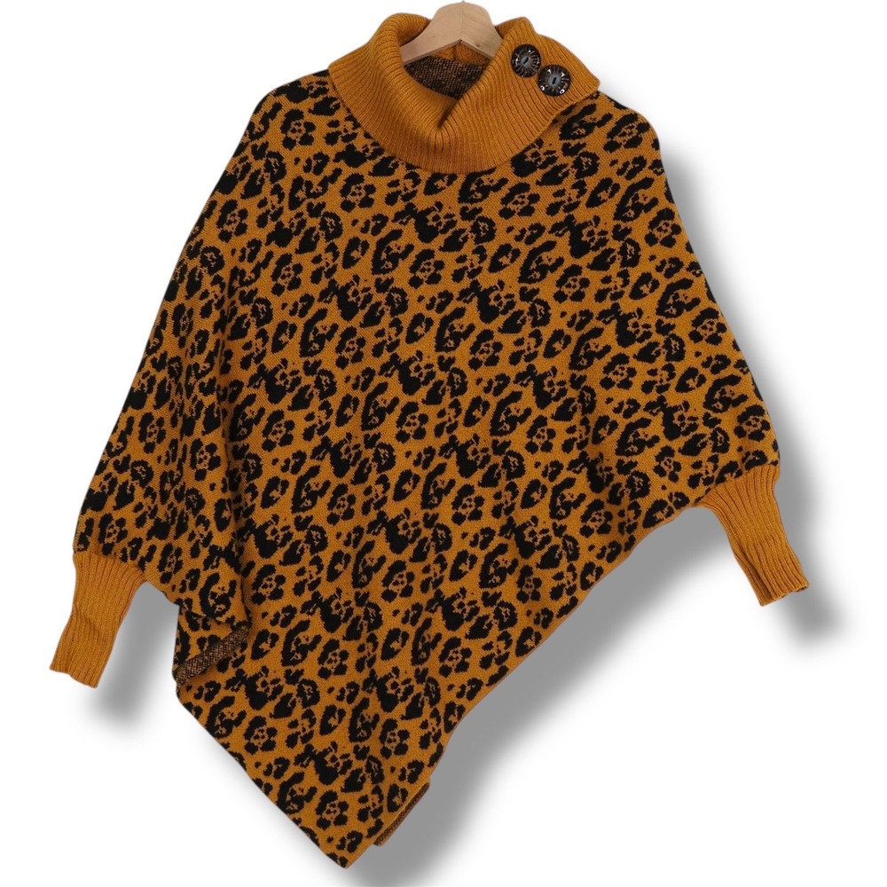 Womens Mustard Leopard Print Poncho Sweater One Size Cowl Neck Asymmetrical‎